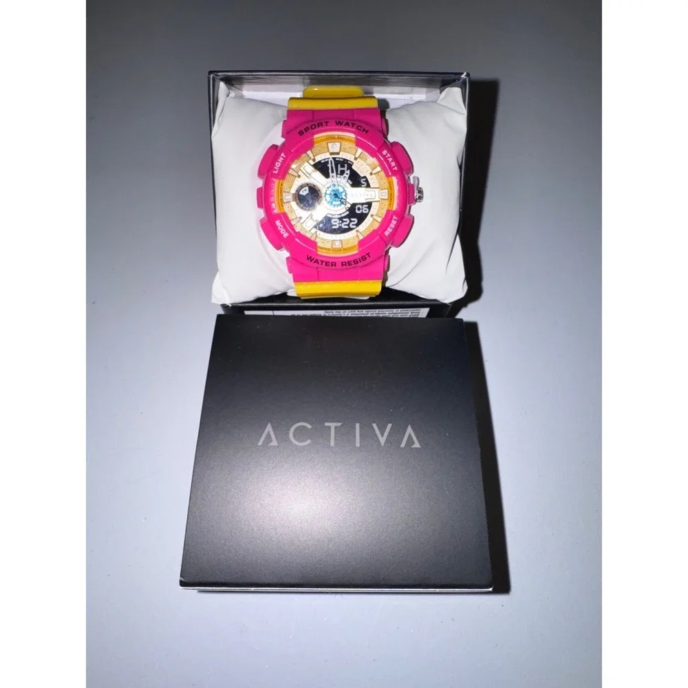 Activa Sport Watch Pink Yellow Gold Tone Analog Digital Water Resist 5BAR New